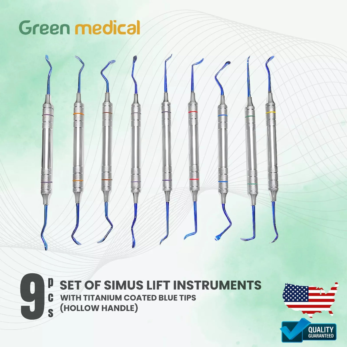 9 Pcs Set of Sinus Lift Instruments With Titanium Coated Blue Tips Hollow Handle