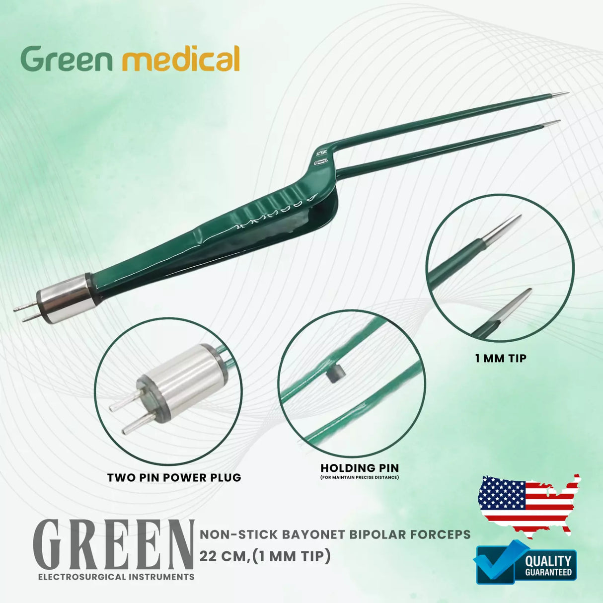 Reusable Bipolar Forceps Us Connector 2 pin, 22cm Working Point 1mm Autoclavable