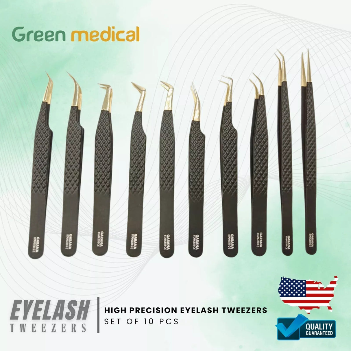 10 Pieces Volume Eyelash Extension Tweezers Set German Grade