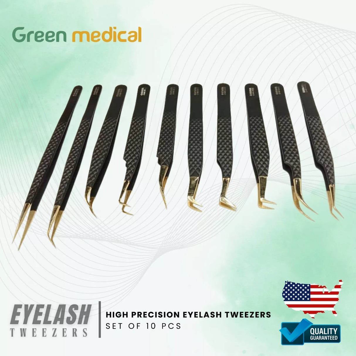 10 Pieces Volume Eyelash Extension Tweezers Set German Grade