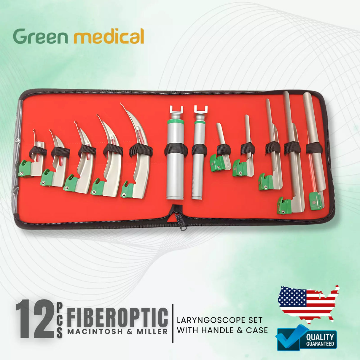 Fiber Optic Macintosh & Miller Laryngoscope 2 Handles Intubation Kit 12 Pcs set