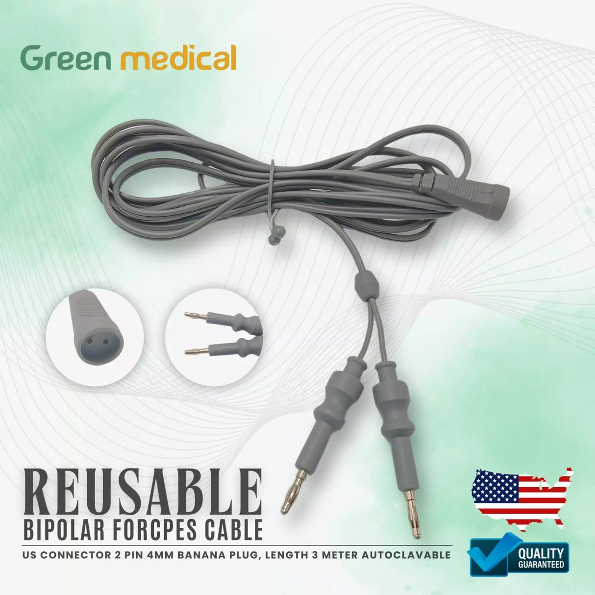 Reusable Bipolar Forceps Cable US Connector 2 pin, 4mm Banana Plug , 3 Meter