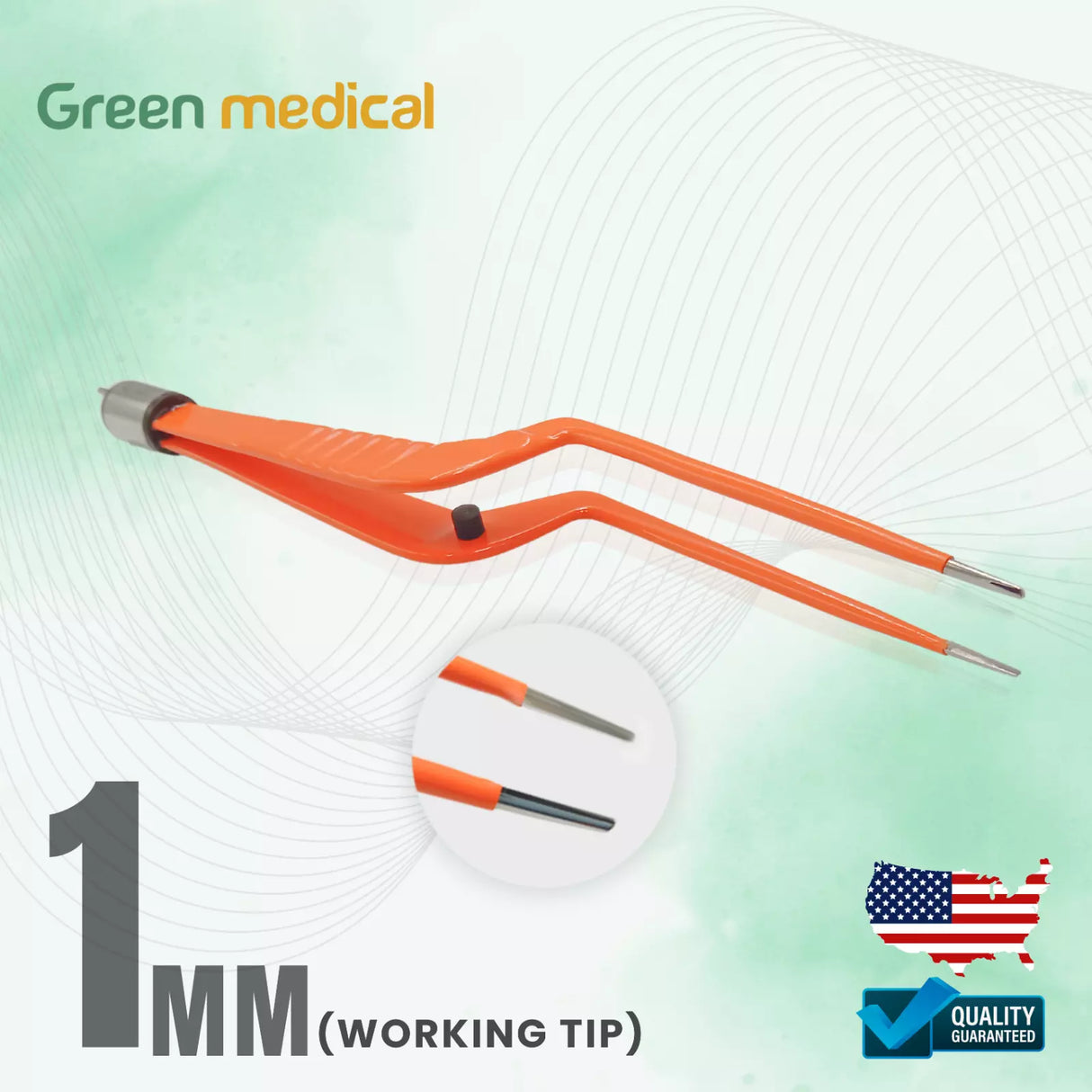 Non-Stick Bipolar Forceps Us Connector 2 pin, 18cm Working Tip 1mm Green Medical