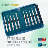 10 Pcs Set of Watch Maker , Jeweler Forceps Tweezers with Fine Point