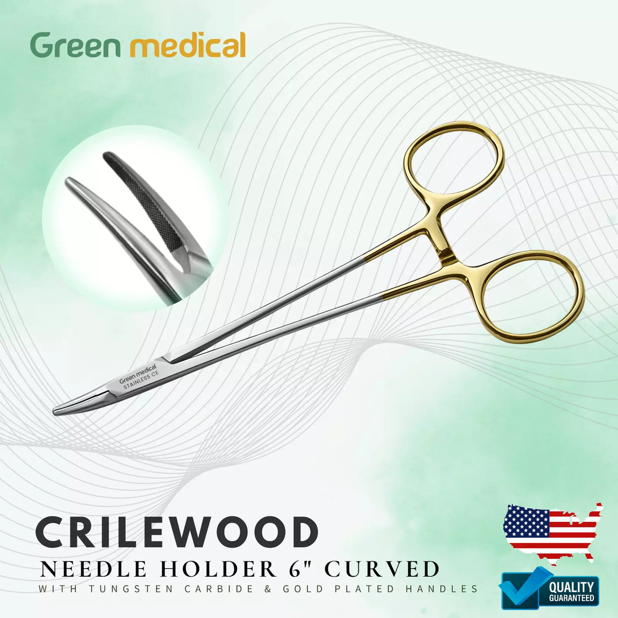 Crilewood Needle Holder 6" Curved with Tungsten Carbide & Gold Plated Handles