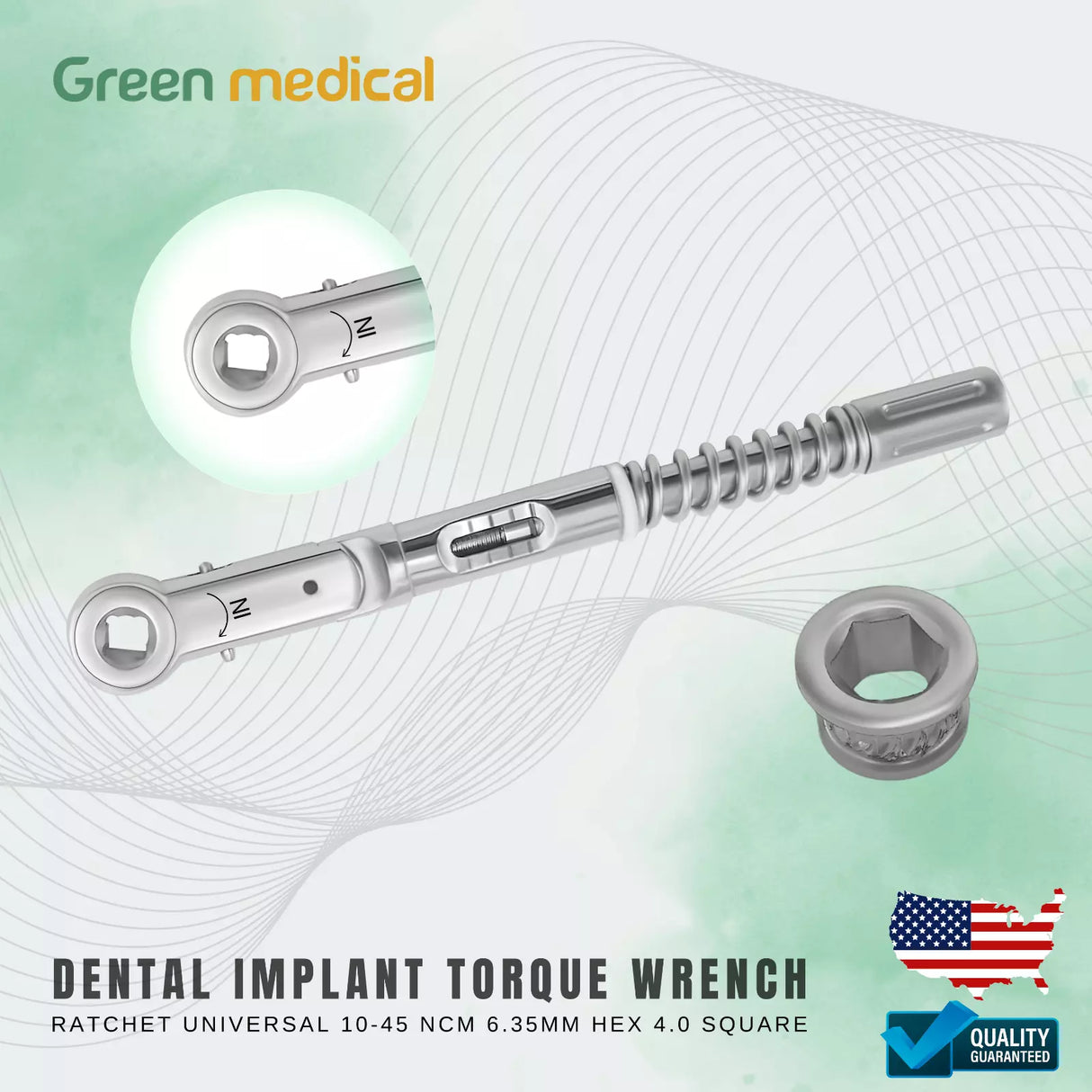 Dental Implant Torque Wrench Ratchet Universal 10-45 Ncm 6.35mm Hex 4.0 Square