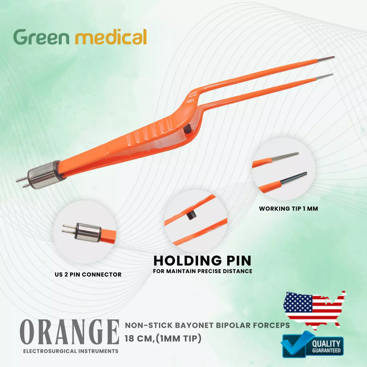 Non-Stick Bipolar Forceps Us Connector 2 pin, 18cm Working Tip 1mm Green Medical