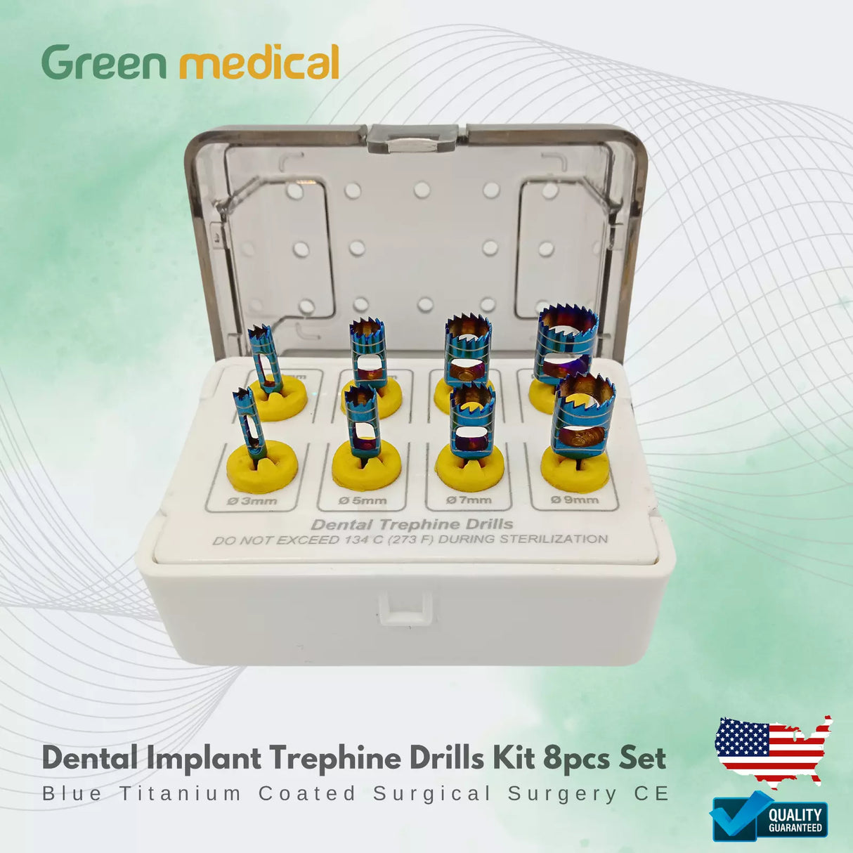 Dental Implant Trephine Drills Kit 8 Pcs Set Blue Titanium Coated